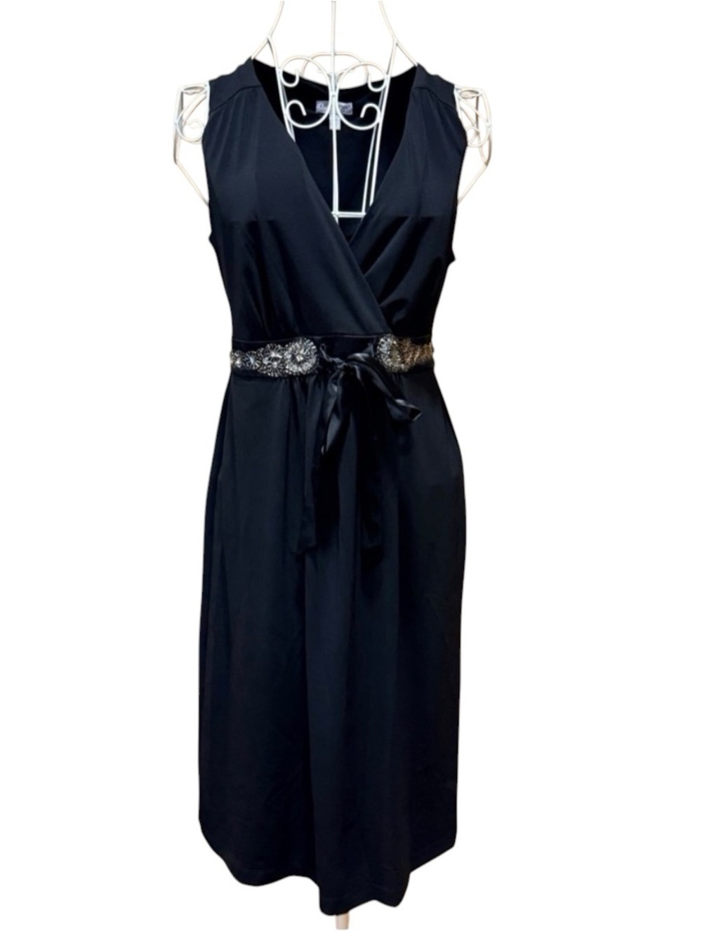 Black Maternity Midi Dress Faux Wrap Beaded Empire Waist Cocktail A Pea in Pod S